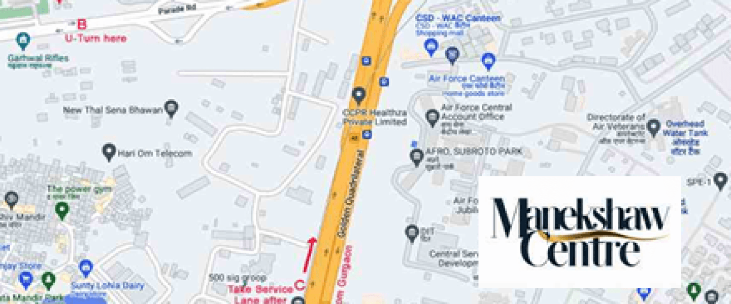 Map showing Manekshaw Centre on Parade Road, Delhi Cantonment